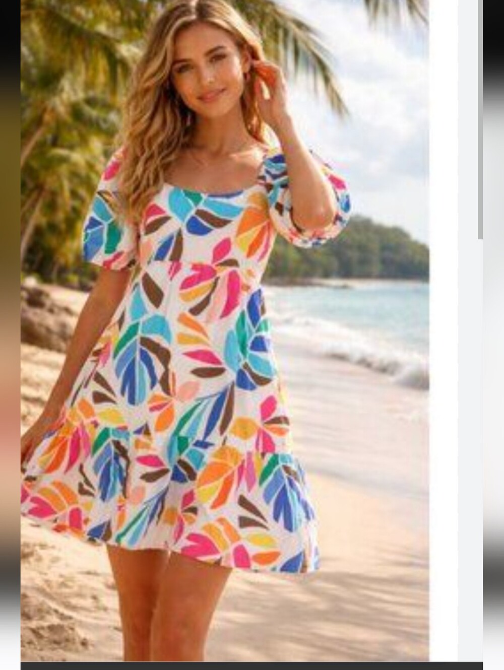 #11. Tabitha White Multi Leaf-Print Puff-Sleeve Mini Dress